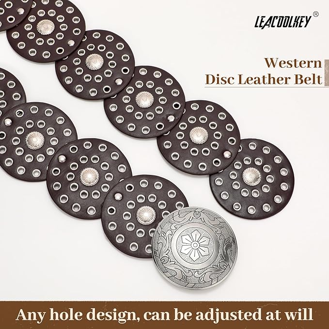 LEACOOLKEY Women's Boho Disc Belt Wide Western Leather Belt Vintage Concho Waist Belts for Dress Jeans