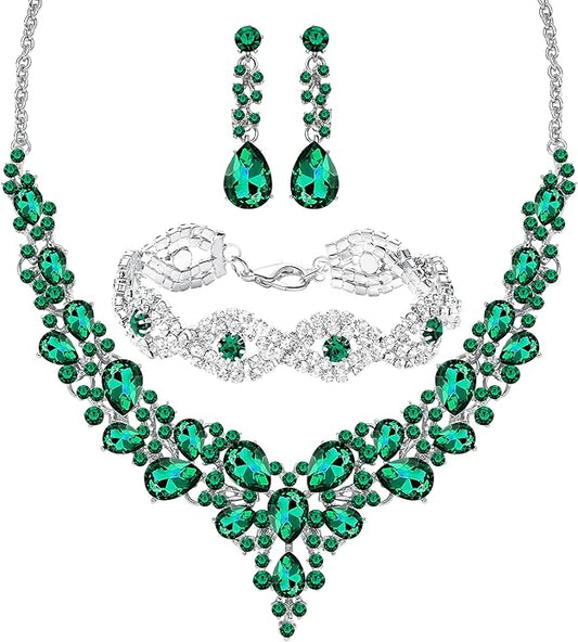 3/4 Pieces Women Jewelry Set Artificial Rhinestone Crystal Bride Statement Choker Necklace Tiara Crown Link Bangle Bracelet Teardrop Dangle Earrings Set