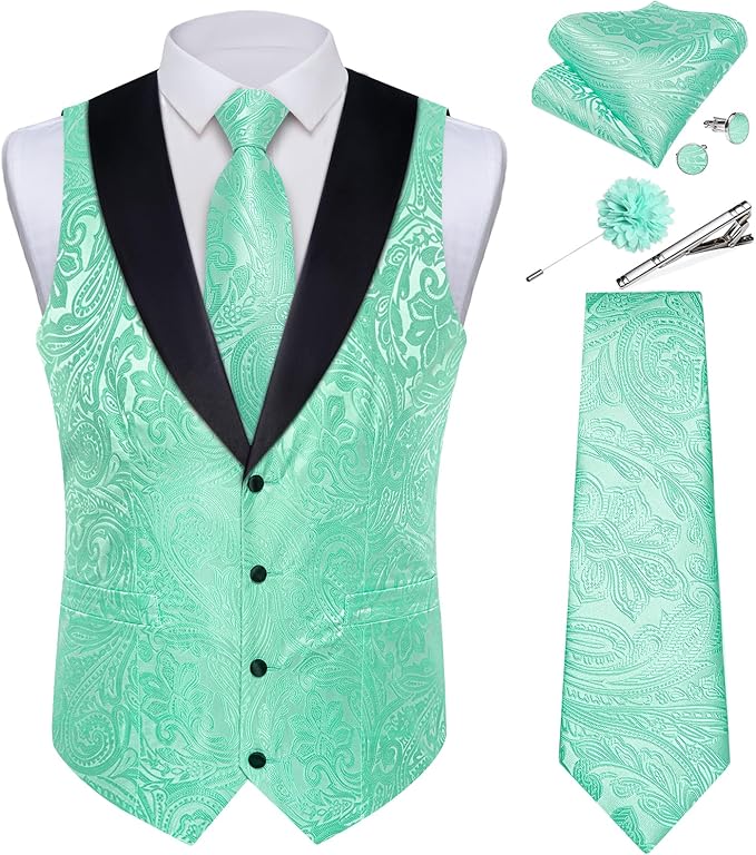 DiBanGu Mens Paisley Suit Vest Silk Jacquard Waistcoat and Necktie Set Formal Shawl Collar Dress Vest 7PCS for Wedding Party