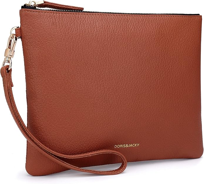 DORIS&JACKY Lambskin Leather Wristlet Clutch Purse for Women Soft Designer Slim Cell Phone Pouch Bag with Detachable Strap