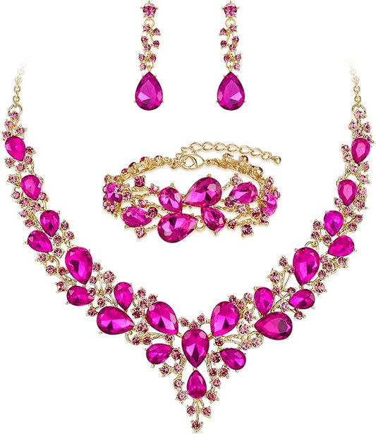 BriLove Wedding Bridal Jewelery for Women Austrian Crystal Teardrop Cluster Statement Necklace Dangle Earrings Link Bracelet Set