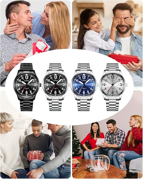 CIVO Analog Wrist Watches for Men: Waterproof Stainless Steel Mens Watches - Silver Watch with Easy Read Dial Men's Watch for Gift