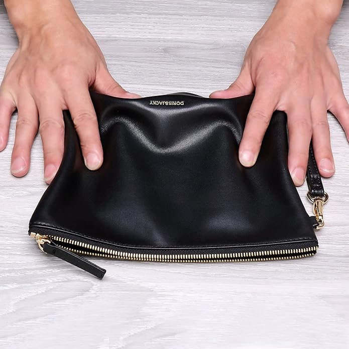 DORIS&JACKY Lambskin Leather Wristlet Clutch Purse for Women Soft Designer Slim Cell Phone Pouch Bag with Detachable Strap
