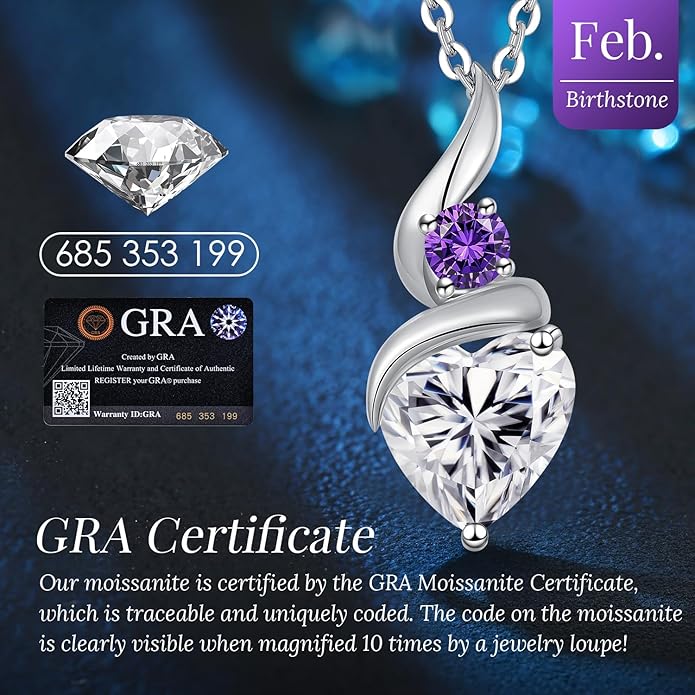 ANDSO Moissanite Heart Pendant Necklaces for Women, 925 Sterling Silver Necklace with Birthstone, Ideal Anniversary Present or Birthday Christmas Valentine Jewelry Gifts for Mom Wife Her Girlfriend