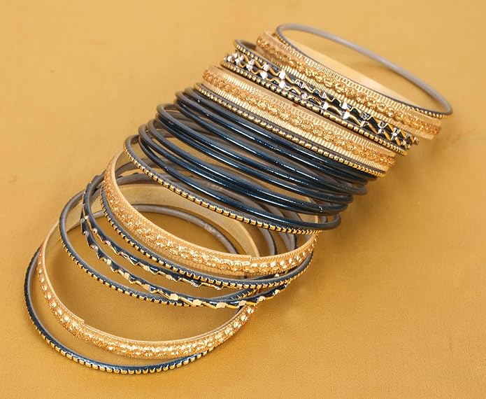 Touchstone Indian Metal Bangles for Women Gold Alloy Bracelets desi 2 Dozen Bangle Collection Bollywood Women's Jewelry Set Multi Stacking Wide Chunky Textured Golden Set of 24 in Gold or White Tone