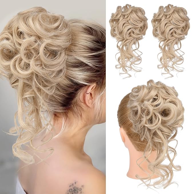 HOOJIH 2PCS Messy Bun Hair Piece, Tousled Updo with Tendrils Bun Extensions Wavy Curly Hair Wrap Ponytail Hairpieces for Women HB010 Dasiy - Medium Blonde with Highlights