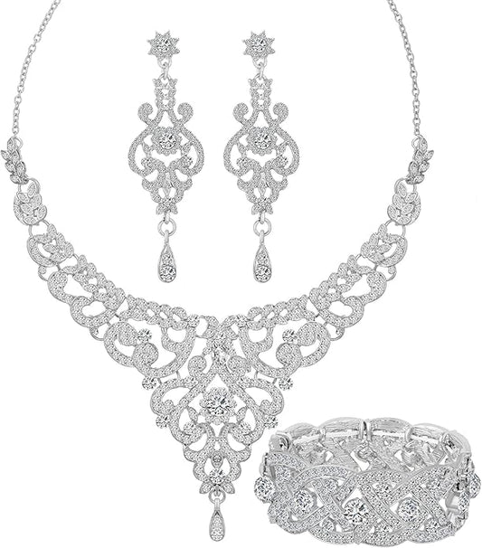Silver Gold Plated Wedding Jewelry Sets Bridal Necklace Rhinestone Earrings Bracelets