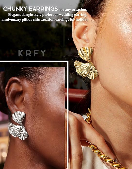KRFY Statement Earrings 2 Pairs, S925 Sterling Silver Post 16K Plated Chunky Gold Earrings For Women Trendy, Hypoallergenic Big Flower Leaf Stud Earring Set, Silver Color Large Dangle Earrings Jewelry