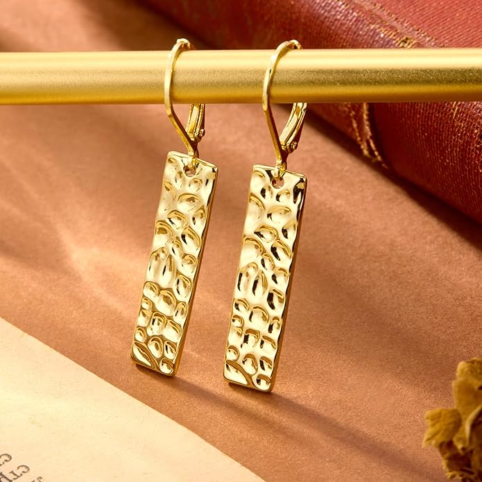 ALEXCRAFT 925 Sterling Silver Dangle Earrings for Women, 14K Gold Plated French Leverback Earrings, Hypoallergenic Lightweight Statement Hammer Square Bar Long Drop Earing for Women Trendy Jewelry