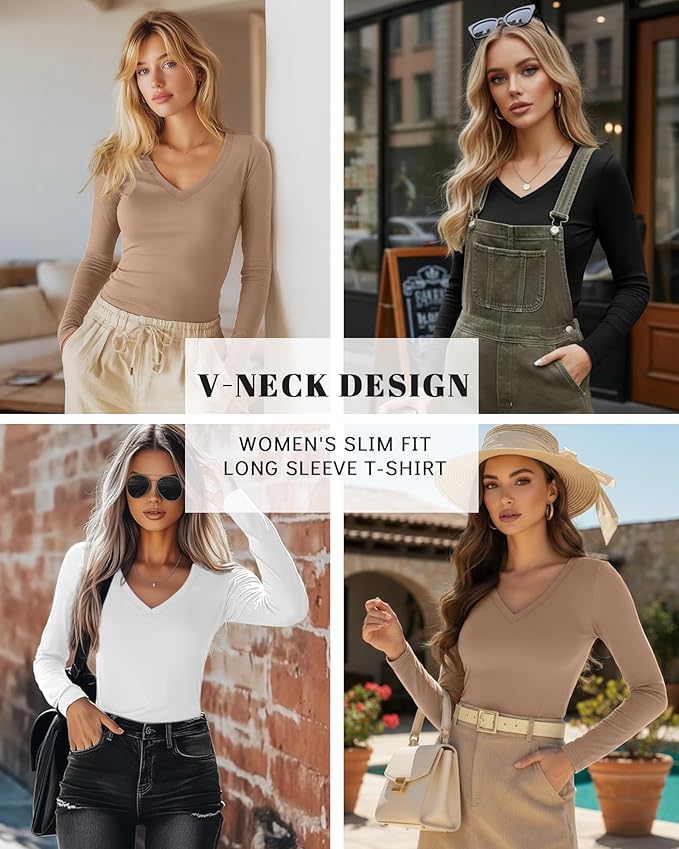 Ficerd 3 Pack Women's Long Sleeve Shirts, V Neck Basic Tees Slim Fitted Casual Fall Tops Going Out Blouses T Shirts