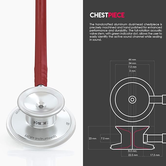 MDF Instruments, Acoustica Lightweight Stethoscope for Doctors, Nurses, Students, Home Health Use, Adult, Dual Head, Burgundy Tube, Silver Chestpiece-Headset, MDF747XP17