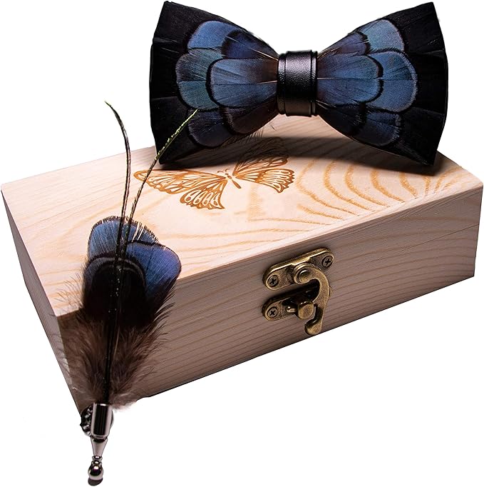 RBOCOTT Handmade Feather Pre-tied Bow tie and Brooch Sets for Men