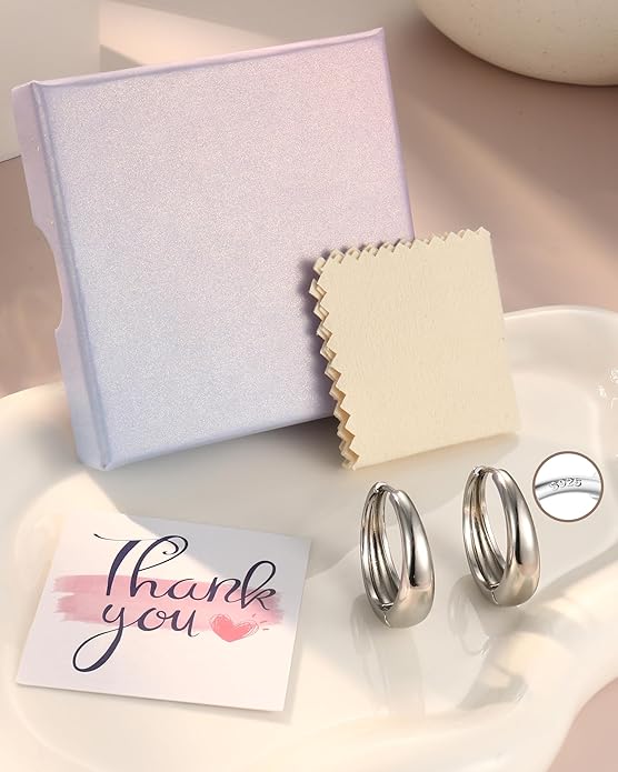 14K Gold Plated Small Chunky Hoop Earrings Sterling Silver Post - Hypoallergenic Trendy Thick Lightweight Silver Plated Huggie Hoops Dainty Hoop Earrings for Women Non Tarnish Jewelry Gifts