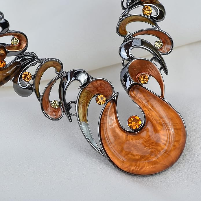 Retro Women's Crystal Floral Petal Leaf Chunky Statement Necklace and Earrings Set Party Jewelry