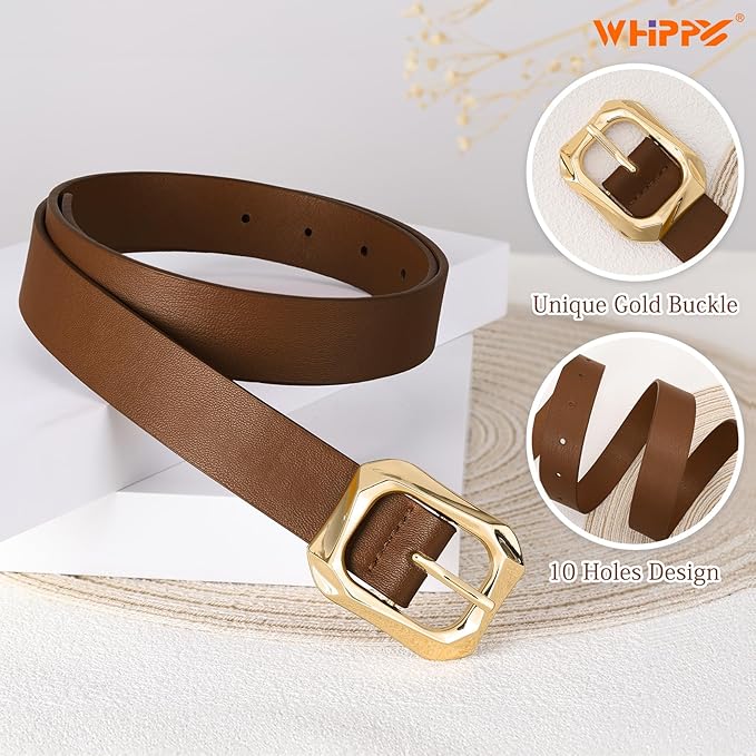 WHIPPY Women's Leather Belts with Gold Buckle Casual Fashion Ladies Waist Belts for Jeans Pants Dresses