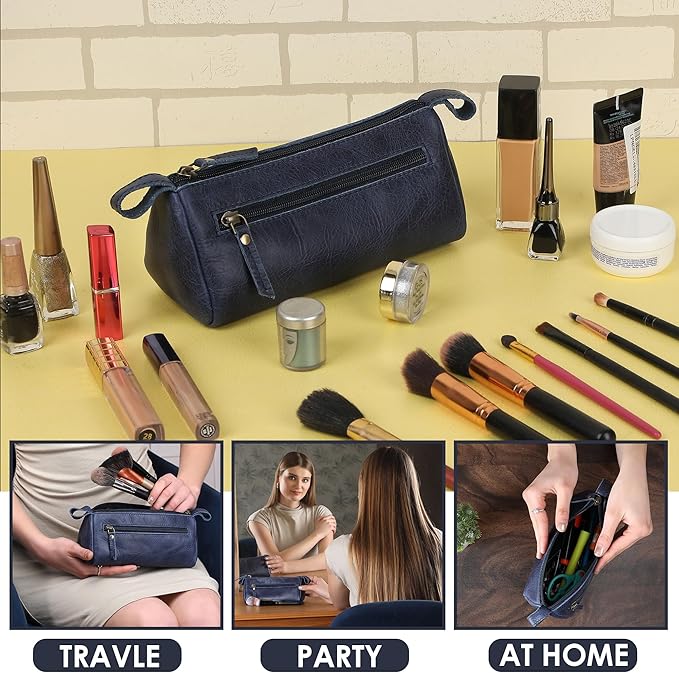 Leather Cosmetic Bags For Men and Women Travel Set HandCrafted Leather Makeup Bag, Small Toiletry Bag, Makeup Essentials Organiser Mini Cosmetic Pouch For Purse Dopp Kit