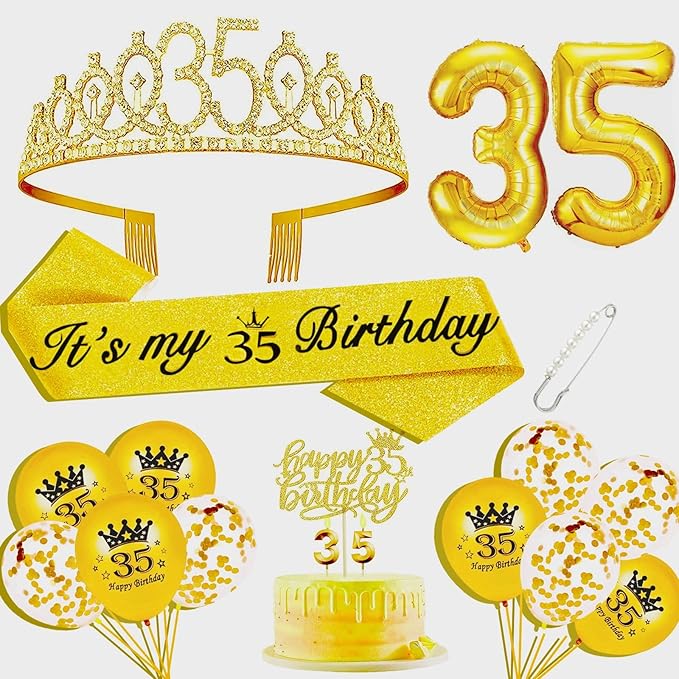 35th Birthday Decorations for Her Girls Set, Include 35th Birthday Crown and 35 Sash, 35th Birthday Cake Topper and 35 Birthday Candles, Gold 35 Balloons, Women 35th Party Supplies(Gold)