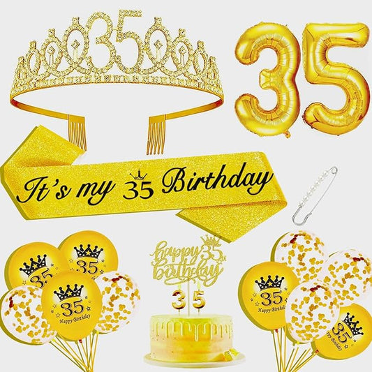 35th Birthday Decorations for Her Girls Set, Include 35th Birthday Crown and 35 Sash, 35th Birthday Cake Topper and 35 Birthday Candles, Gold 35 Balloons, Women 35th Party Supplies(Gold)