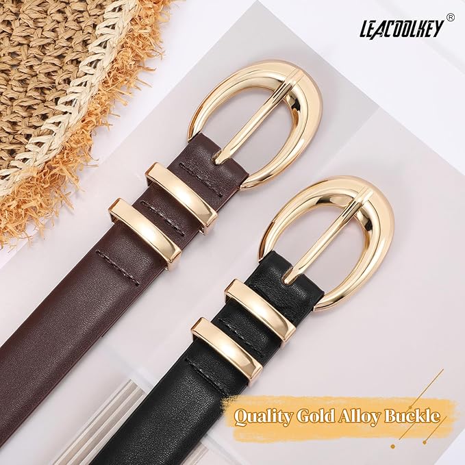 2 Pack Women Leather Belts for Jeans Dress Fashion Ladies Belt with Gold Silver Buckle