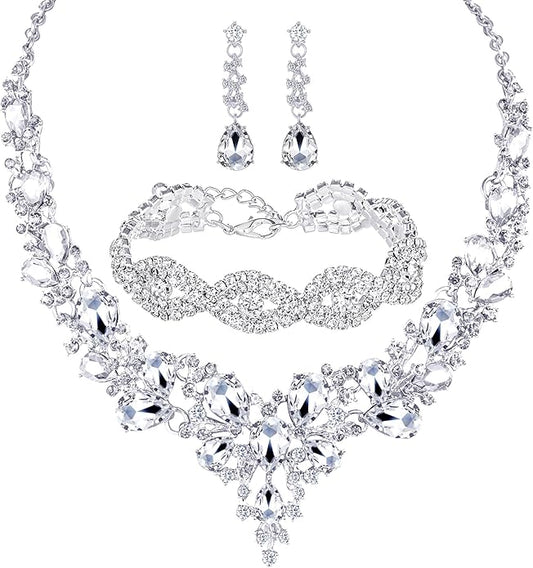 3/4 Pieces Women Jewelry Set Artificial Rhinestone Crystal Bride Statement Choker Necklace Tiara Crown Link Bangle Bracelet Teardrop Dangle Earrings Set