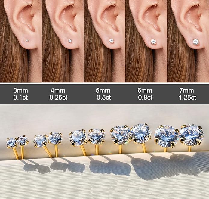 Kainier Women's 14K Gold Plated CZ Stud Earrings Simulated Diamond Round Cubic Zirconia Ear Stud Set（5 Pairs)…