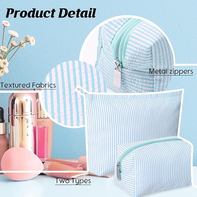 2 Pieces Makeup Bag Set Cute Cosmetic Pouch for Women Seersucker Travel Toiletry Bag Preppy Small Makeup Purse Pouch Aesthetic Skincare Brushes Storage Organizer for Christmas Women(Light Blue)