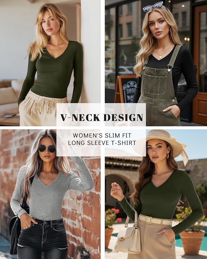 Ficerd 3 Pack Women's Long Sleeve Shirts, V Neck Basic Tees Slim Fitted Casual Fall Tops Going Out Blouses T Shirts