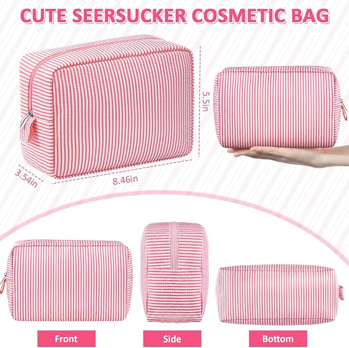 Sanwuta 3 Pcs Seersucker Cosmetic Bag Seersucker Makeup Bag Women Stripe Large Travel Toiletry Organizer Preppy Storage Pouch for Embroidery Christmas Bridesmaid Gifts(Pink, Blue, Green)