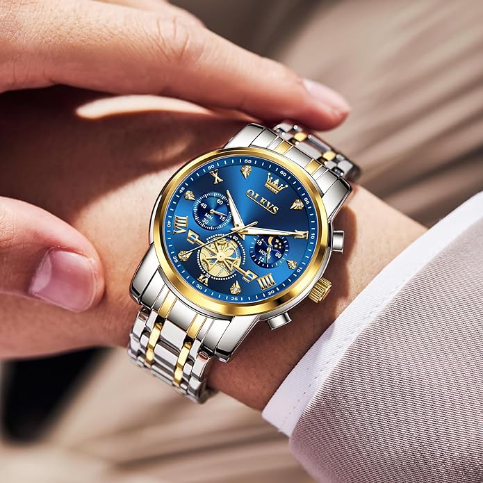 OLEVS Men Watches Stainless Steel Chronograph Watch, Large Wrist Analog Quartz Watch, Fashion Waterproof Diamond Roman Numerals Dress Watches for Men, Gold/Black/White/Blue/Grey Dial
