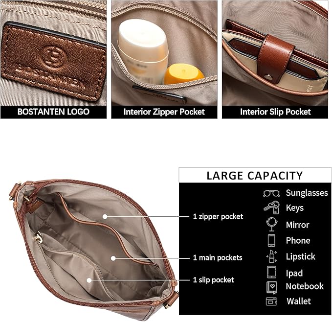 BOSTANTEN Crossbody Bags for Women Trendy Vegan Leather Hobo Purses Shoulder Handbags With Wide Shoulder Strap