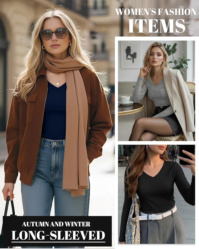 Ficerd 3 Pack Women's Long Sleeve Shirts, V Neck Basic Tees Slim Fitted Casual Fall Tops Going Out Blouses T Shirts
