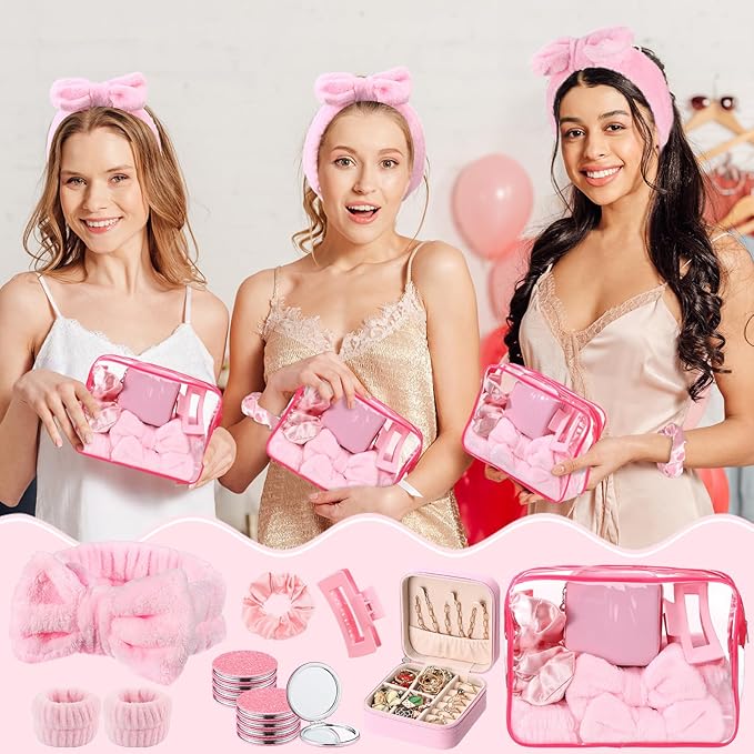 Spa Party Favors Pink Sleepover Party Supplies Bow Headband Wristband Scrunchies Hair Clip Jewelry Case Makeup Bag Mirror for Women Bridesmaid Return Gifts(Pink,96 Pcs)