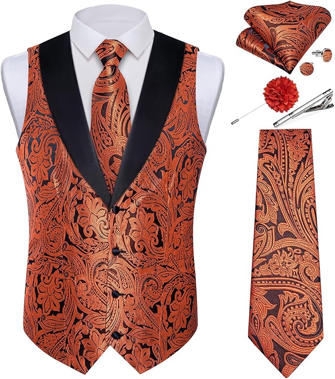 DiBanGu Mens Paisley Suit Vest Silk Jacquard Waistcoat and Necktie Set Formal Shawl Collar Dress Vest 7PCS for Wedding Party