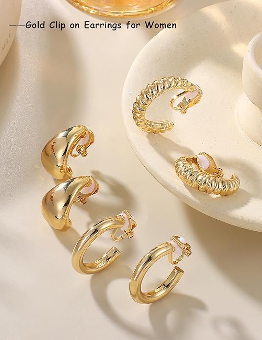 BESTEEL 3Pairs Clip on Earrings for Women Trendy Hypoallergenic 14K Gold Plated Chunky Tube Croissant Waterdrop Clip-on Hoop Earrings Set Fake Jewelry Non Pierced Ears