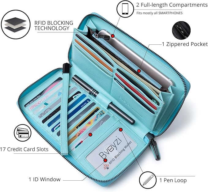 Women's Genuine Leather RFID Blocking Zip Around Wallet with Phone Pocket Large Capacity Travel Wristlet (Light Blue)
