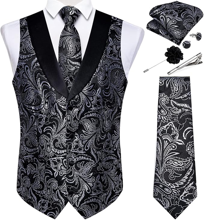 DiBanGu Mens Paisley Suit Vest Silk Jacquard Waistcoat and Necktie Set Formal Shawl Collar Dress Vest 7PCS for Wedding Party