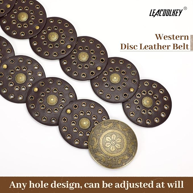LEACOOLKEY Women's Boho Disc Belt Wide Western Leather Belt Vintage Concho Waist Belts for Dress Jeans