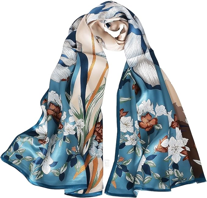 100% Mulberry Silk Scarf for Women Neck Oblong Headscarves Long Floral Print Lightweight Silk Wraps Shawls 67"*20"