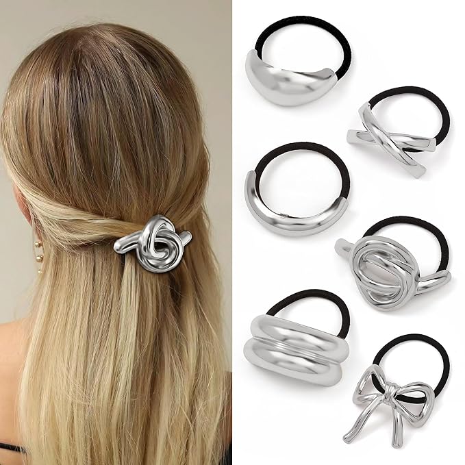 Hair Ties for Women, Sliver Metal Hair Cuffs Hair Accessories Elastic Hair Ties Ponytail Cuff Hair Bands for Both Thick Hair and Thin Hair