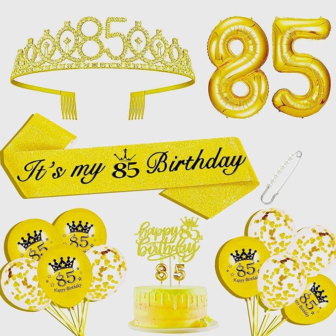 85th Birthday Decorations for Her Girls Set, Include 85th Birthday Crown and 85 Sash, 85th Birthday Cake Topper and 85 Birthday Candles, Gold 85 Balloons, Women 85th Party Supplies(Gold)