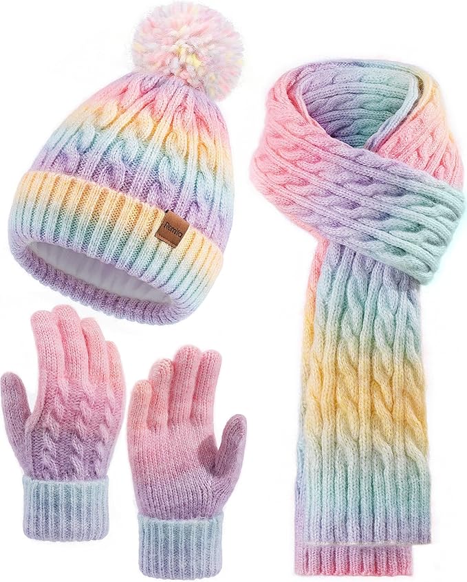 Remifa Winter Hat Scarf Gloves Set for Women Teen Girls, 3 PCS Pom Beanie Skull Cap Knit Scarf Gloves Mittens Valentines Gift