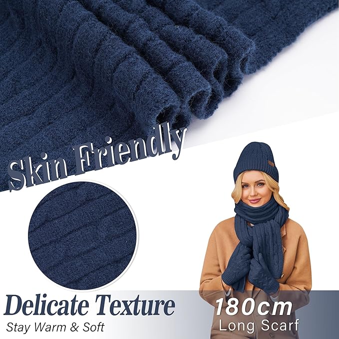 Womens Winter Beanie Hats Long Scarf Touchscreen Gloves Set Warm Knit Skull Caps Gifts for Women