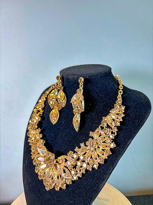 Women Jewelry Set Rhinestone Crystal Green Bride Statement Choker Necklace Teardrop Cluster Dangle Earrings Set for Wedding Party