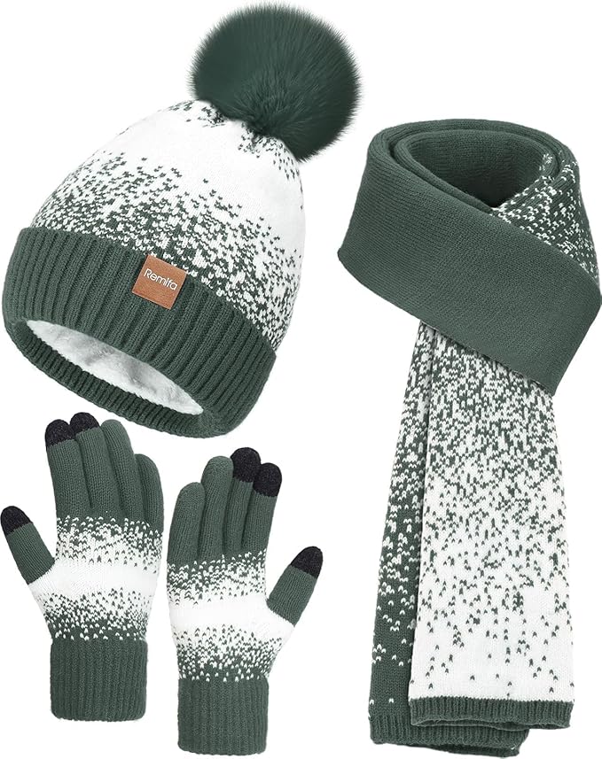 Remifa Womens Winter Beanie Hat Scarf Gloves Set, Pom Pom Warm Hat Long Knit Scarf Touchscreen Gloves 3 In 1 Christmas Gift