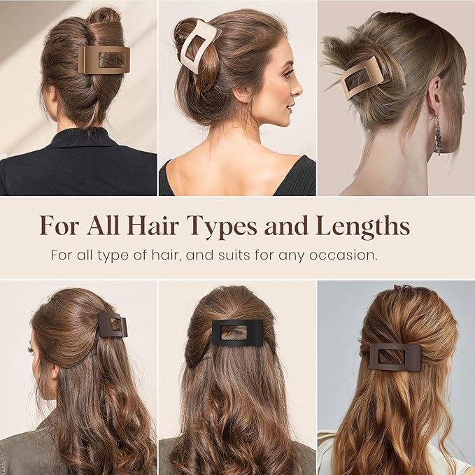 Oeusnae 4 PCS Flat Hair Clips for Women Girls, French Concord Lay Down Claw Clips for Thick Thin Hair, Comfortable Curved Large Flat Clips, Matte Non-slip Strong Hold Hair Accessories, Brown