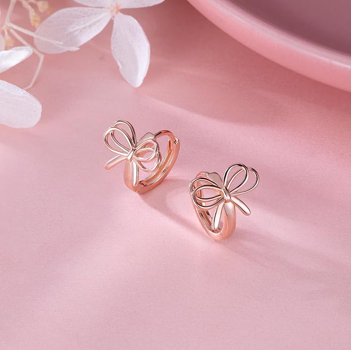 Reffeer Solid 925 Sterling Silver Bow Hoop Earrings Ribbon for Women Teen Girls Bowknot Hoop Earrings Huggie