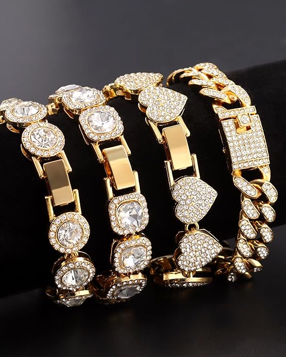 4PCS Gold Bracelets for Women Silver Clustered Tennis Bracelet for Women Heart Round Diamond Cuban Bracelet Layered Link Bracelet Set Fashion Jewelry for Women Set