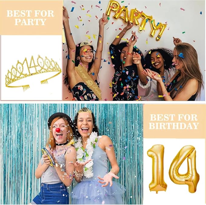 14th Birthday Decorations for Her Girls Set, Include 14th Birthday Crown and 14 Sash, 14th Birthday Cake Topper and 14 Birthday Candles, Gold 14 Balloons, Women 14th Party Supplies(Gold)
