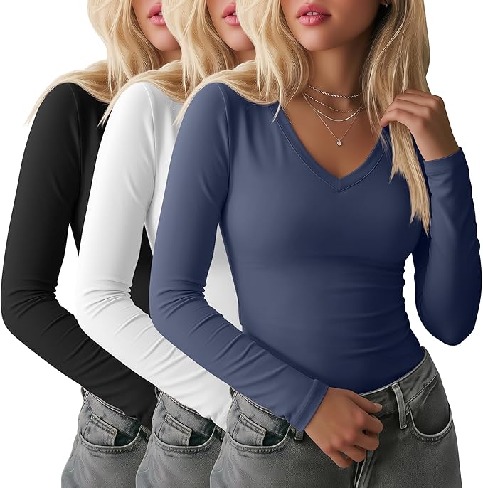 Ficerd 3 Pack Women's Long Sleeve Shirts, V Neck Basic Tees Slim Fitted Casual Fall Tops Going Out Blouses T Shirts