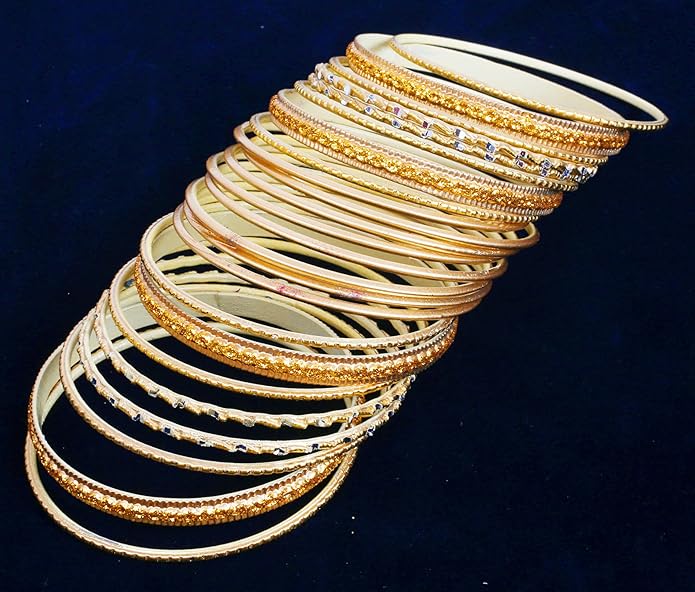Touchstone Indian Metal Bangles for Women Gold Alloy Bracelets desi 2 Dozen Bangle Collection Bollywood Women's Jewelry Set Multi Stacking Wide Chunky Textured Golden Set of 24 in Gold or White Tone
